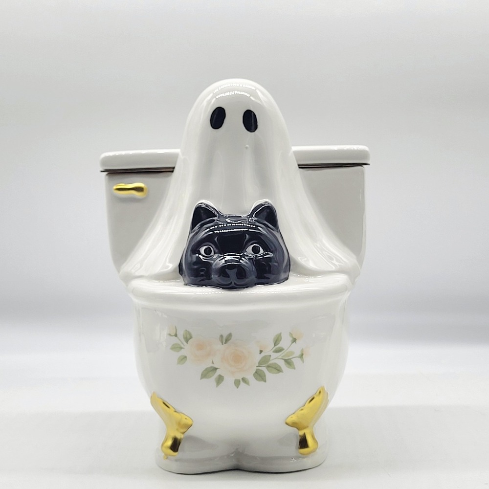 Global Design Halloween Ghost Toilet Cookie Jar Black Cat Pink Roses Ceramic NEW